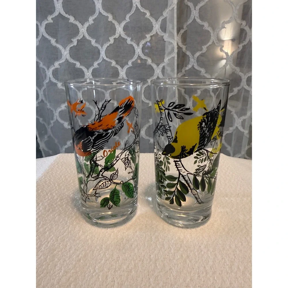 Vintage Bird Drinking Glasses Set of 2 Goldfinch and Oriole Highball Tumblers